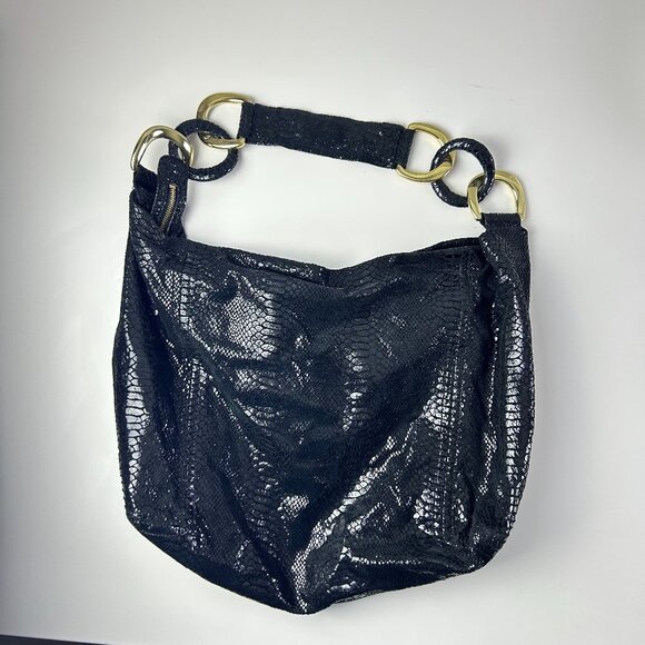 Michael Micheal Kors‎ Black Snakeskin Print Leather Chain Hand Shoulder Bag - Picture 1 of 16